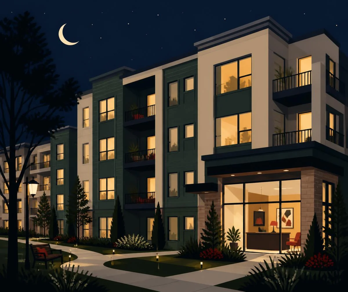 Illustration of an apartment community at night with a lit leasing office